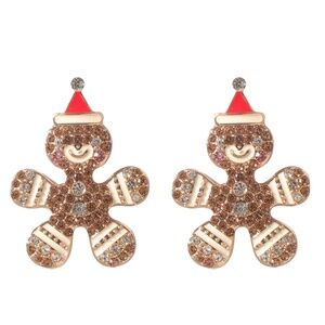 Sparkly Gingerbread Man Holiday Earrings – Crystal Accents & Santa Hat